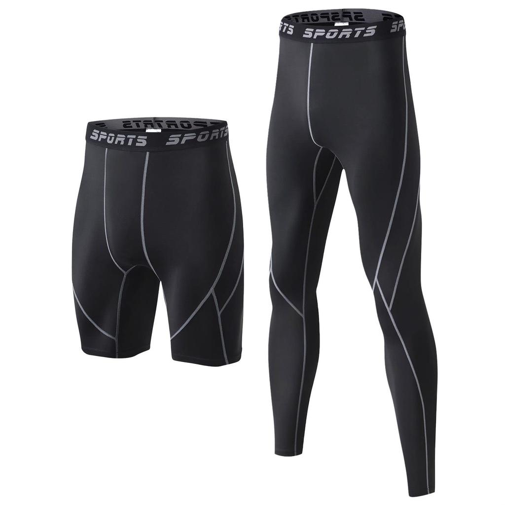 THREEGUN Compression Long Leggings and Short Running and Training Compression Tights Men's Leggings, Underwear, Quick-Drying, Cooling,