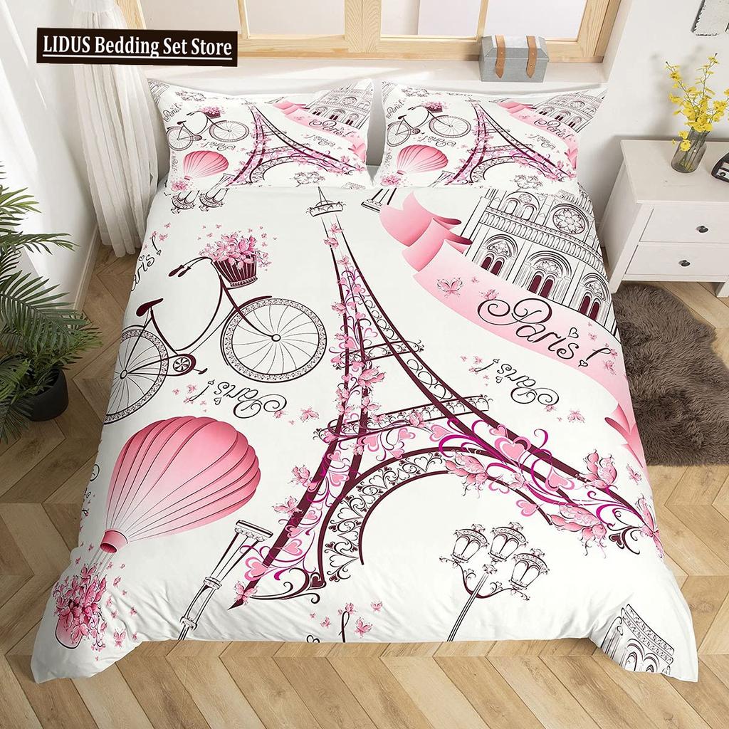 Eiffel Tower Duvet Cover Paris Tower Red Car Bedding French Style Home Decoration Grey Cityscape French Romantic Gift For Women