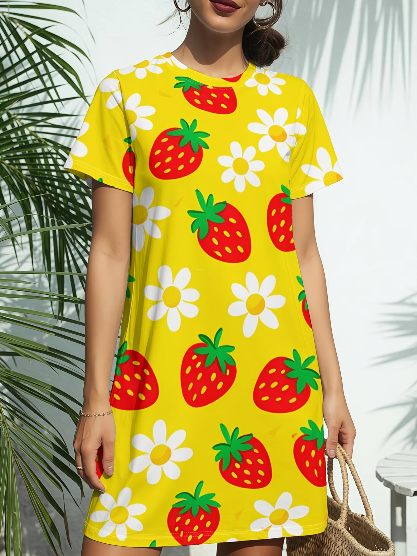 

Women s Strawberry Fruit Print Short Sleeve T-Shirt Dress - Round Neck Casual -Line Dress with Strawberry. Spring Summer Blouse Dress Suitable for Dai 7XL дубильна кора