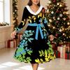 Women Floral Print Midi Dress, Long Sleeve V‑Neck Furry Trim A‑Line Party Dress, Christmas Limited Edition