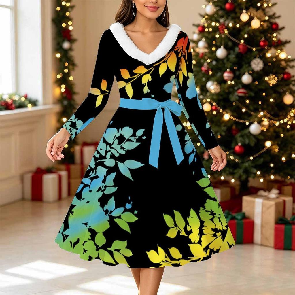 Women Floral Print Midi Dress, Long Sleeve V‑Neck Furry Trim A‑Line Party Dress, Christmas Limited Edition