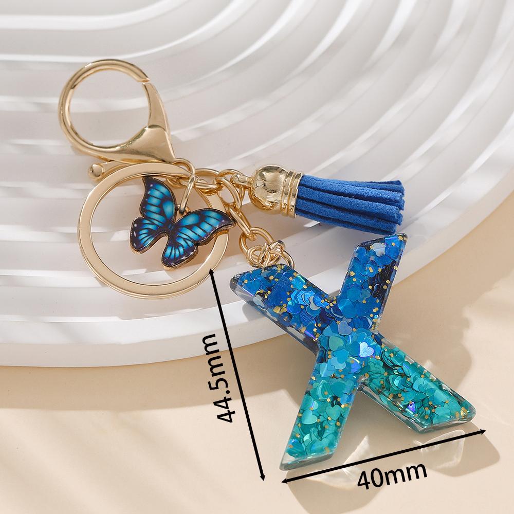 1pc Alloy Alphabet Initial Keychain Royal Blue Butterfly & Tassel Letter Keychain for Backpack Charm Accessory Key Ring Findings
