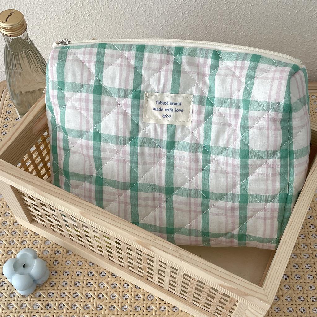 Vintage Plaid Women's Storage Bags Large Capacity Cosmetic Bag Make Up Case Soft Cotton Portable Female Clutch Purse Handbags