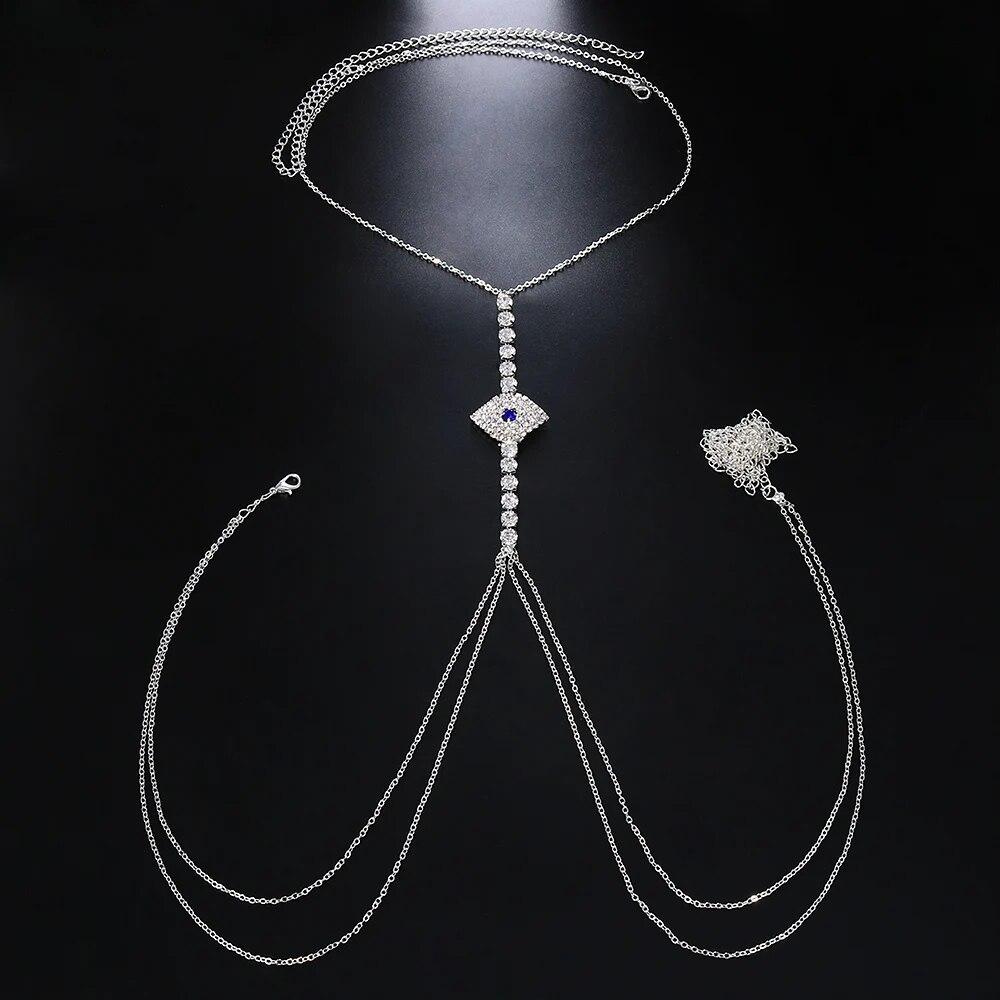 Sexy Green Crystal Chest Chain Harness Stainless Steel Belly Waist Chain Body Jewelry Necklace For Women Clothing Accessories