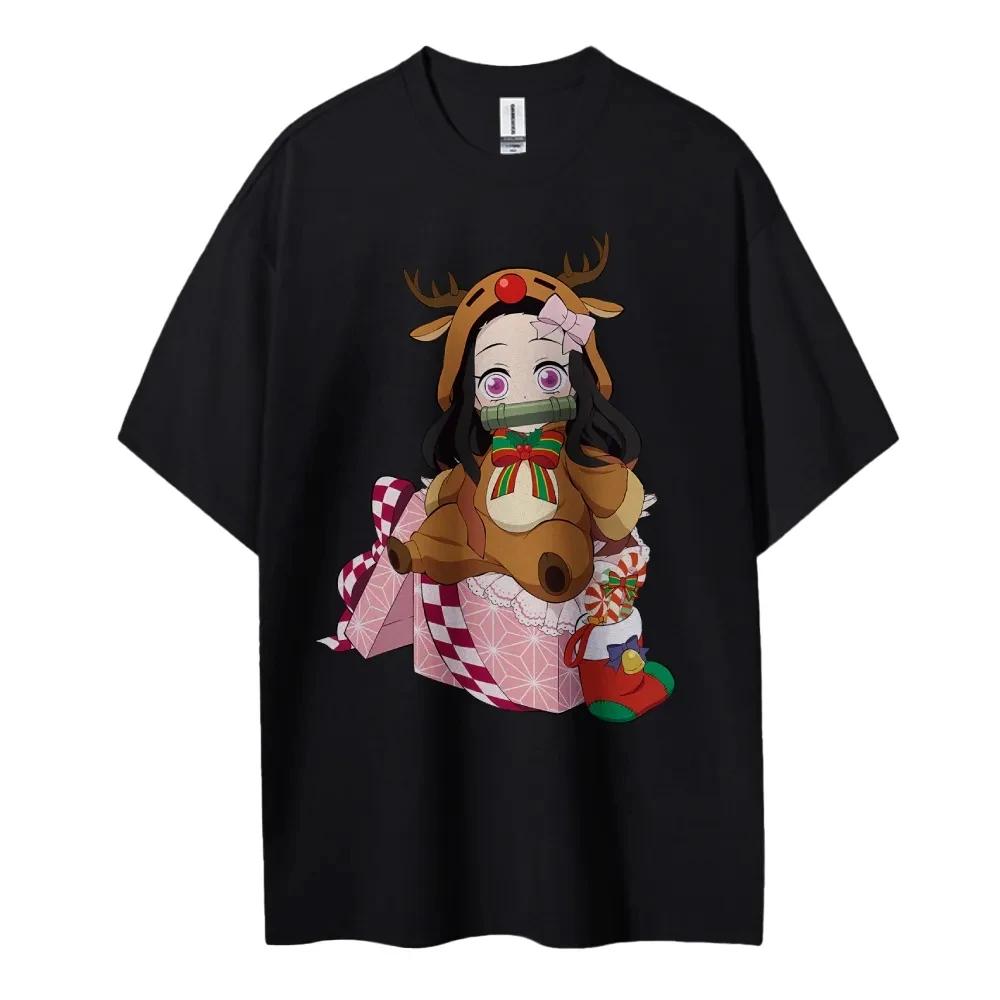 Demon Slayer 2026 New Hot Nezuko Christmas Deer Costume Cotton T Shirt Summer Graphic Tee Cute Festive Design for Fans