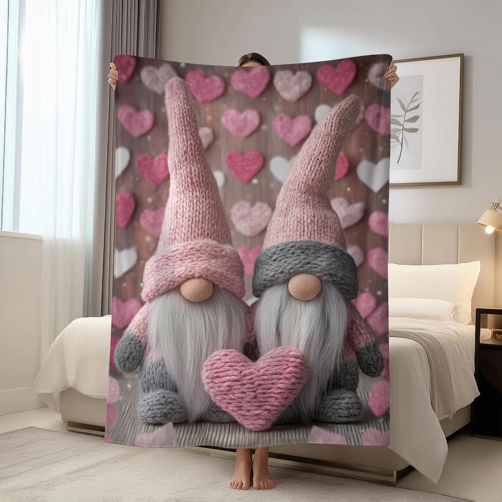 1pc Valentine's Day Blanket, Super Soft and Comfortable Nap Blanket, Romantic Couple Gnome Heart-shaped Printed Blanket, Gifts