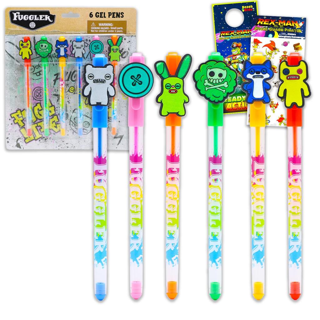 Set de 6 Stylos Gel Fuggler - Instruments d'Écriture Papeterie Enfants Monstres Moches Rigolos Autocollants Fête Souvenirs pour Enfants