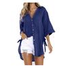 Women Casual Long Sleeve Shirt Loose Lace-up Button Lapel Side Knotted Top