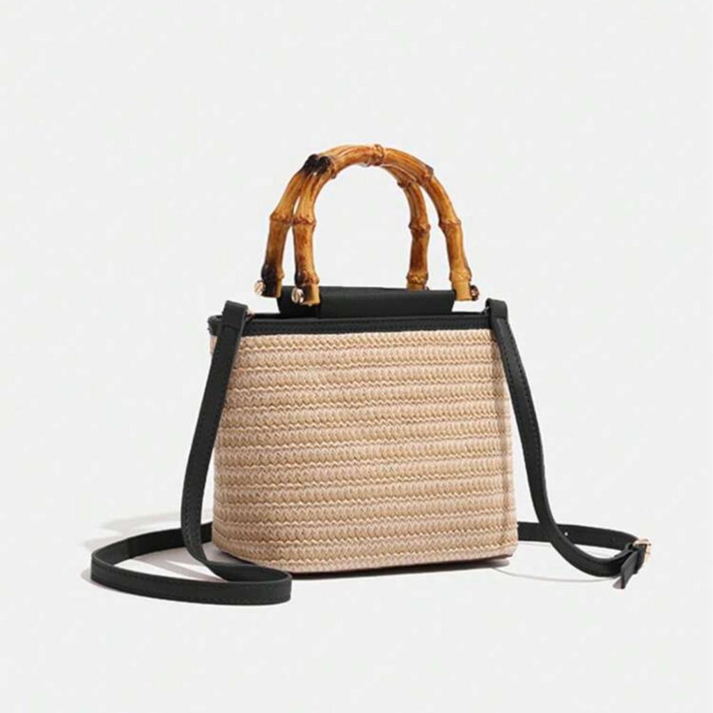 Nischen Design Retro Handgehaltene Strohtasche für Damen Neue Modische Vielseitige Schulter Crossbody Tasche Gewebte Eimer Tasche