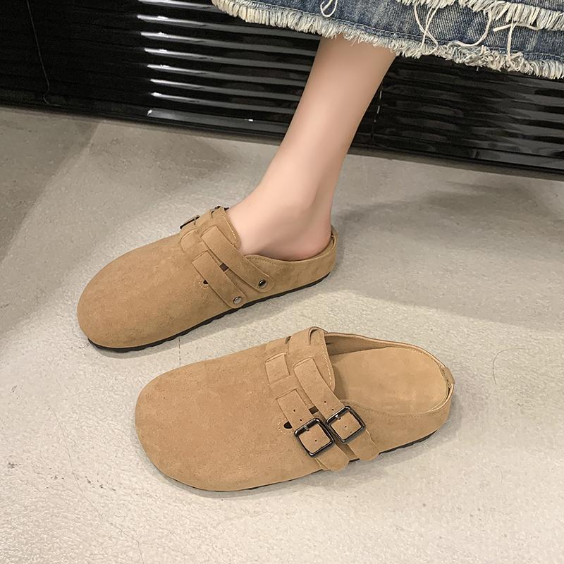 Mode Damskor 2025 Mode Enfärgad Baotou Spänne Tofflor Hot Selling Damers Utomhus Fritid Bekväma Platta Tofflor