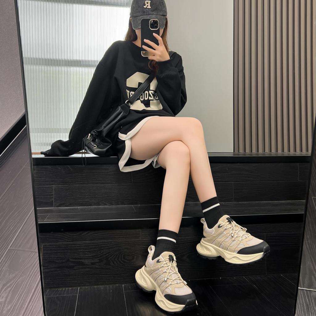 Leather Mesh Dad Shoes Women's Autumn New Ins Tide Fishbone Thick Bottom Leisure Sports Breathable Cortez