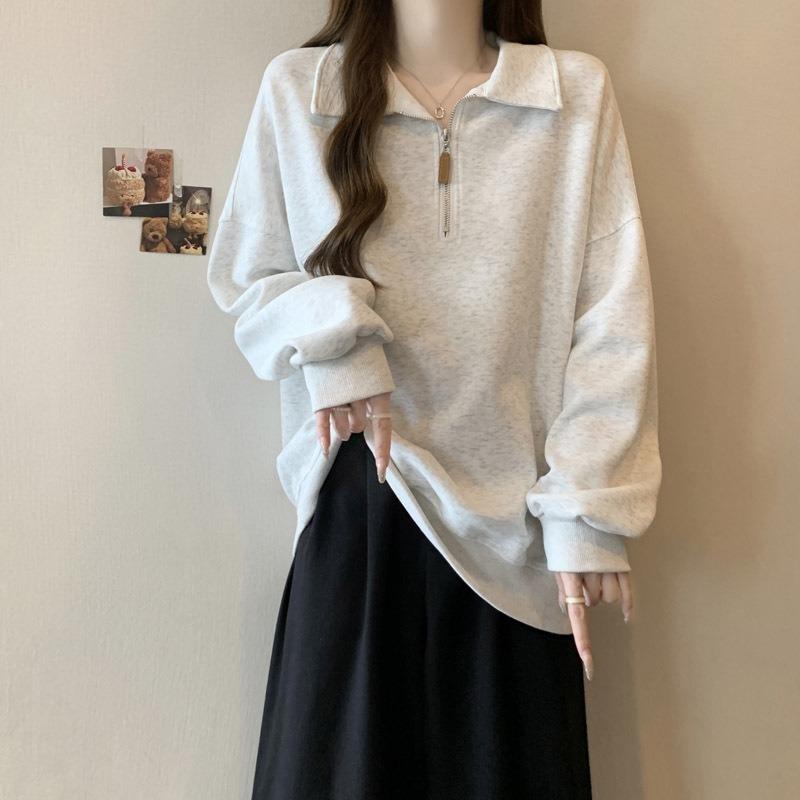 Real Shot Half Zipper Lo Lapel Long-sleeved Sweater Women's Season Thin Loose and Thin Top