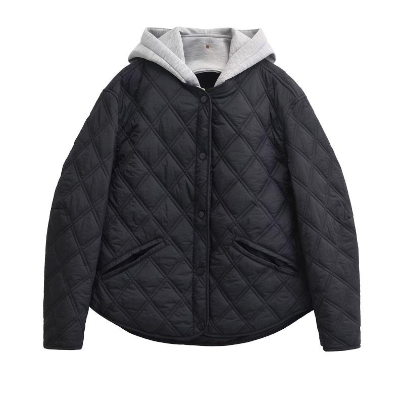 Womens Oversized Hooded Quilted Cotton Jacket Loose Streetwear Coat With Color Block Design