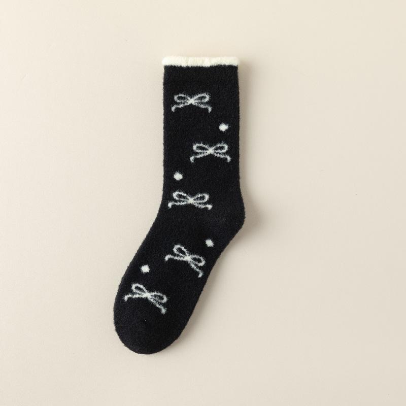 5/10 Pairs Casual Winter Australian Wool Socks for Women Thickened Warm Bow Tie Floor Socks Medium Length Socks In Coffee Color Plush Socks
