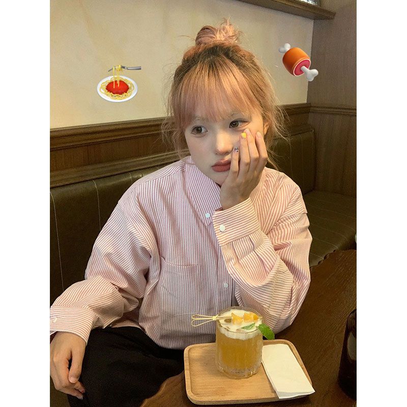 

Japanese Style Vintage Stripes Rabbit Long Sleeves Shirt Female Loose Design Niche Style Western Style Youthful-Looking Outwear Pink Embroidered Rabbit Pattern M