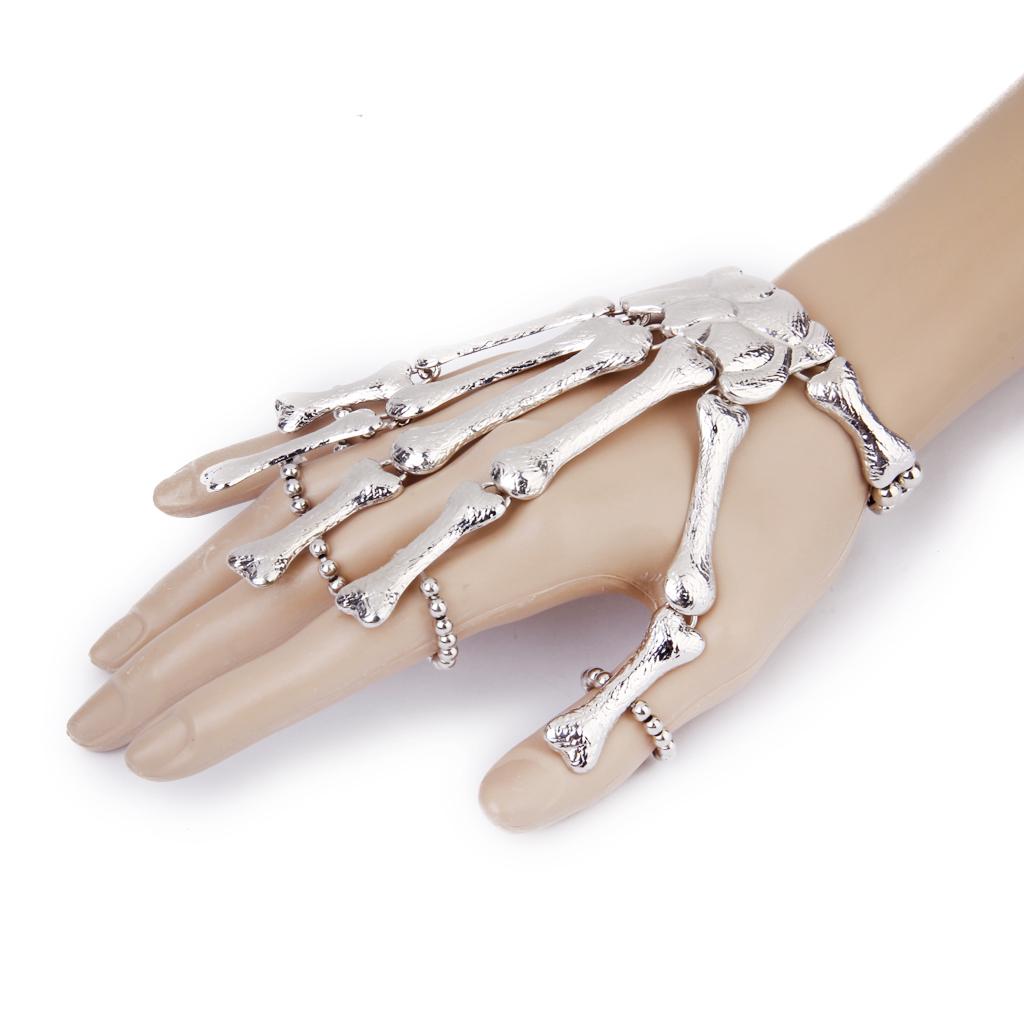 Fashion Punk Silver Skeleton Hand Chain Fingers Bracelet Ring