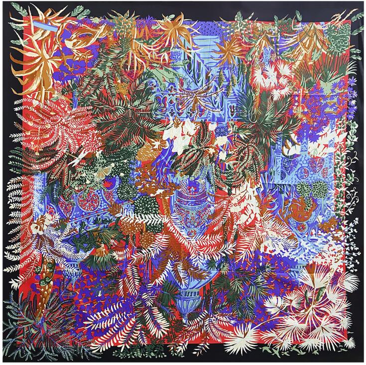 New Luxury Brand 130cm Bohemia Bird Flower Hillside Twill 100% Silk Scarf Women Square Scarves Kerchief For Ladies Shawl