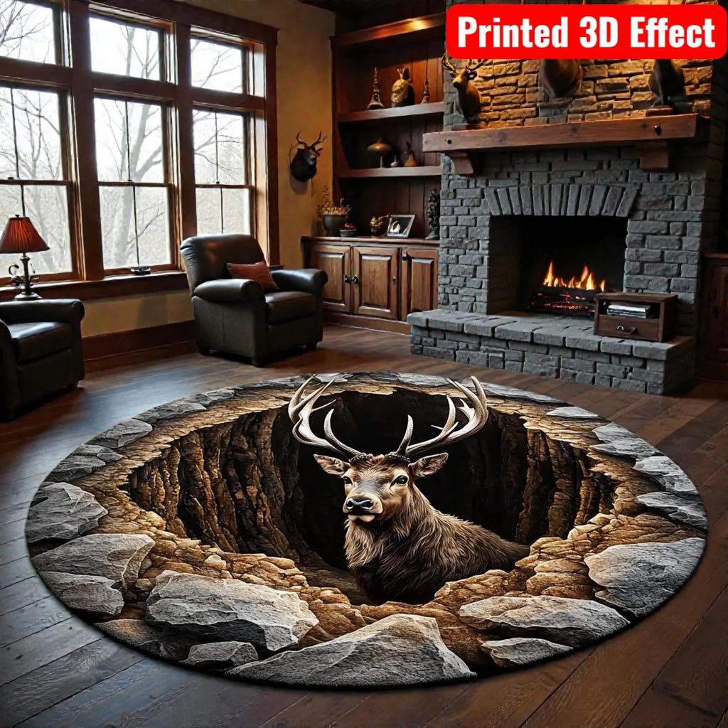 Deer Circular Living Room Mat, Anti Slip Carpet for Placing in The Bathroom Bedroom Living Room Gaming Atmosphere Home Rugs