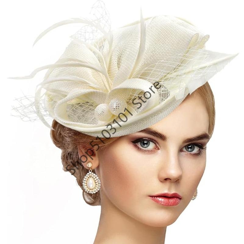 Vintage Exquisite Feathers Fascinator Hat Bowknot Elegant Tea Party Mesh Hair Band Sweet Hair Hoop Bride Headdress Dance Show
