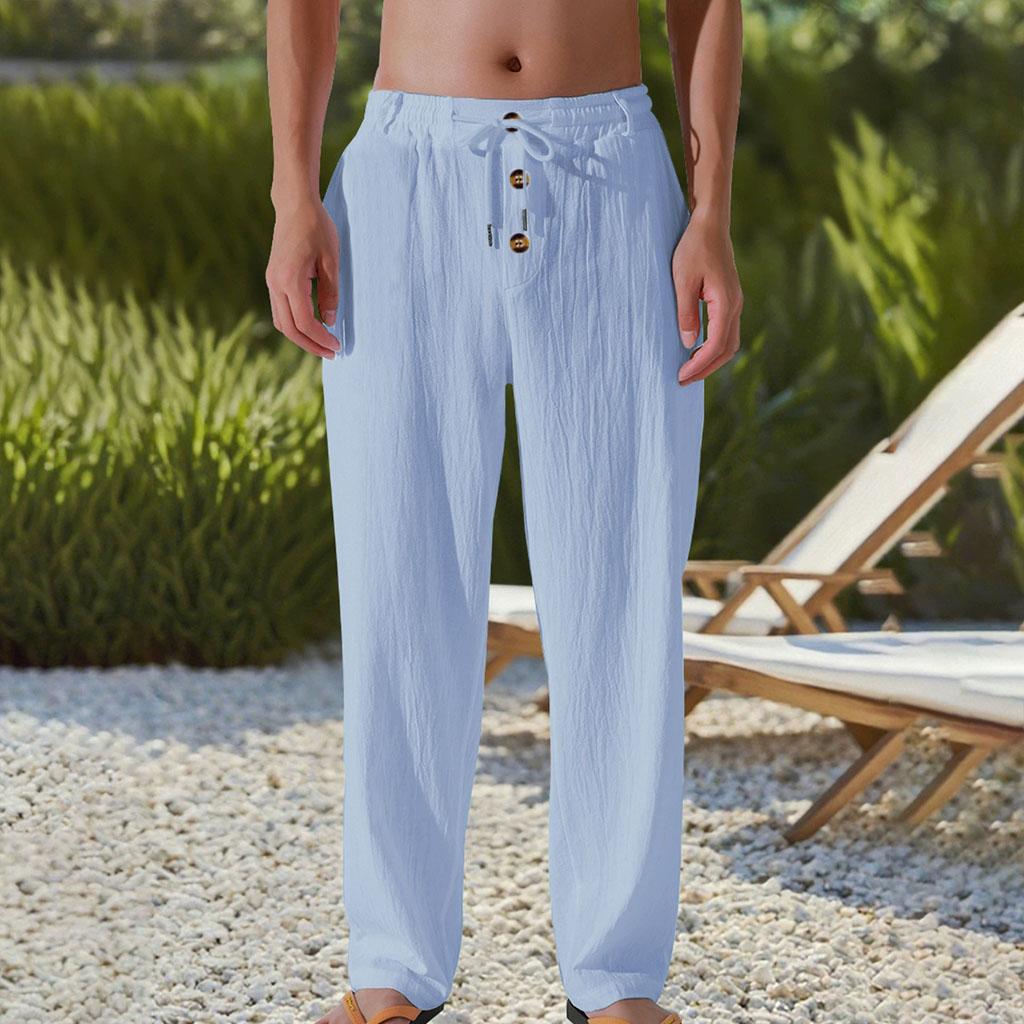 

Летние мужские белые льняные брюки - Повседневная и дышащая пляжная одежда, идеально подходящая для отпуска и повседневной носки. Дизайн с прямыми штанинами. S синий