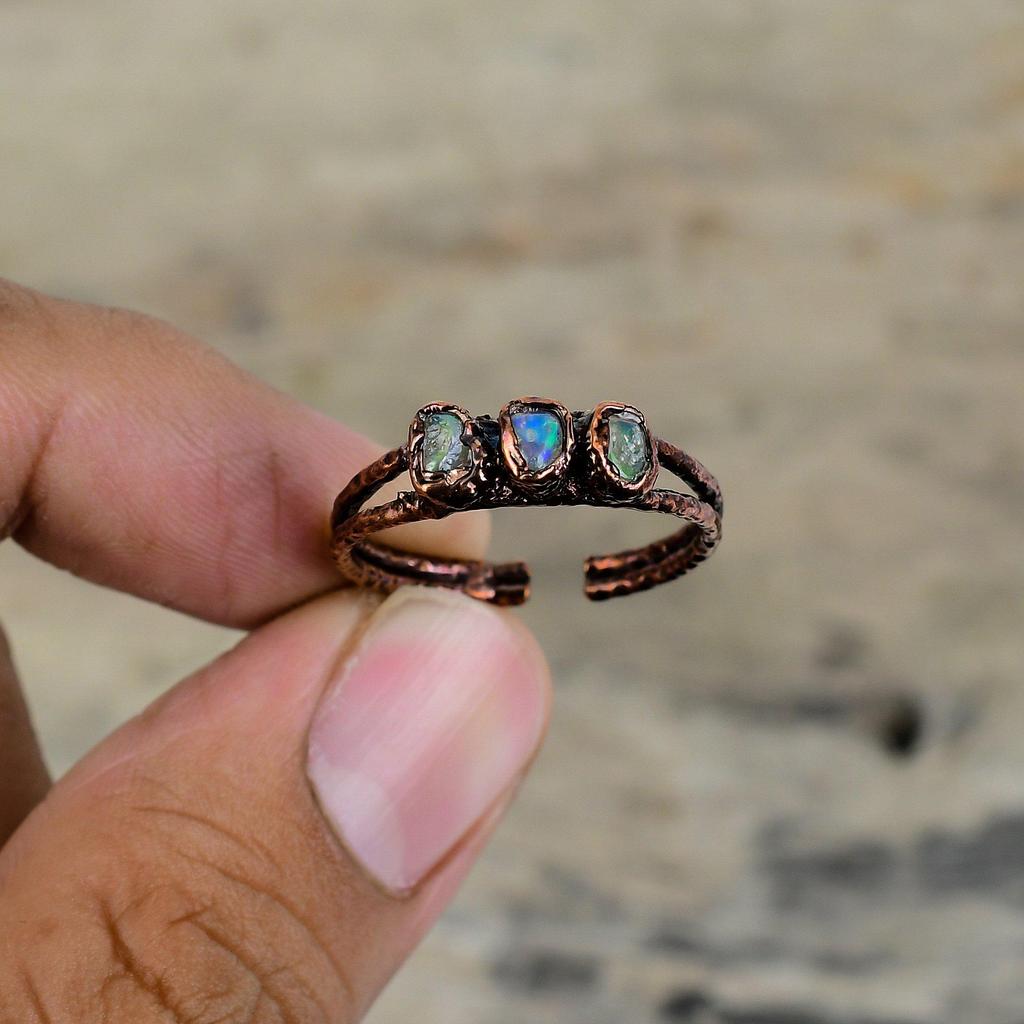 Ethiopian Opal Ring Electroformed Copper Ring Adjustable Ring Gemstone Copper Jewelry Handmade Designer Ring Electroformed Jewelry For Gifts