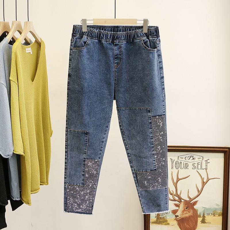 Korean Style Plus Size Slim Fit Jeans For Women With Rhinestone Patchwork