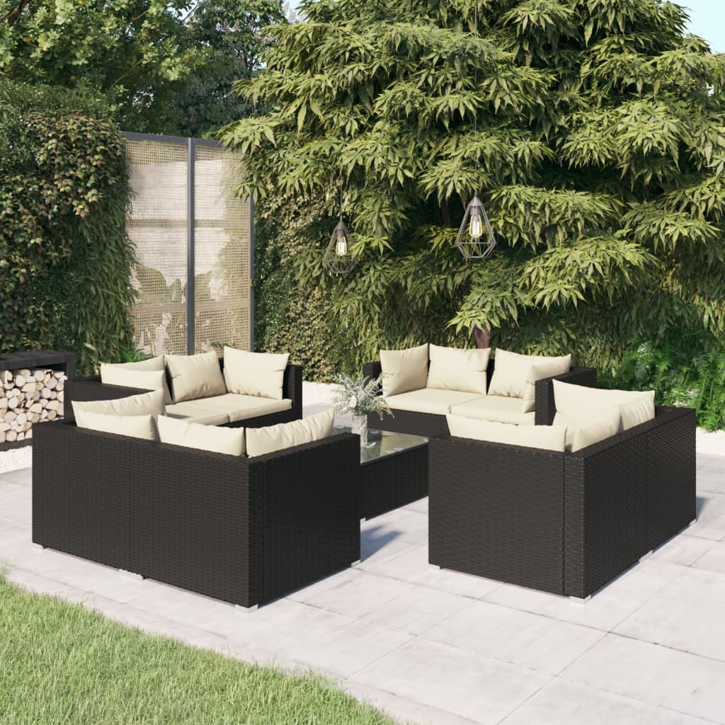 Vidaxl 9-Cz. Garden Lounge Set, Cushions, Black PE Rattan