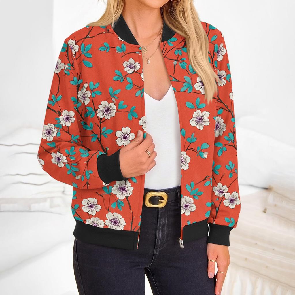 Damenmode Langarm Blumenprint Rundhals Reißverschluss Jacke