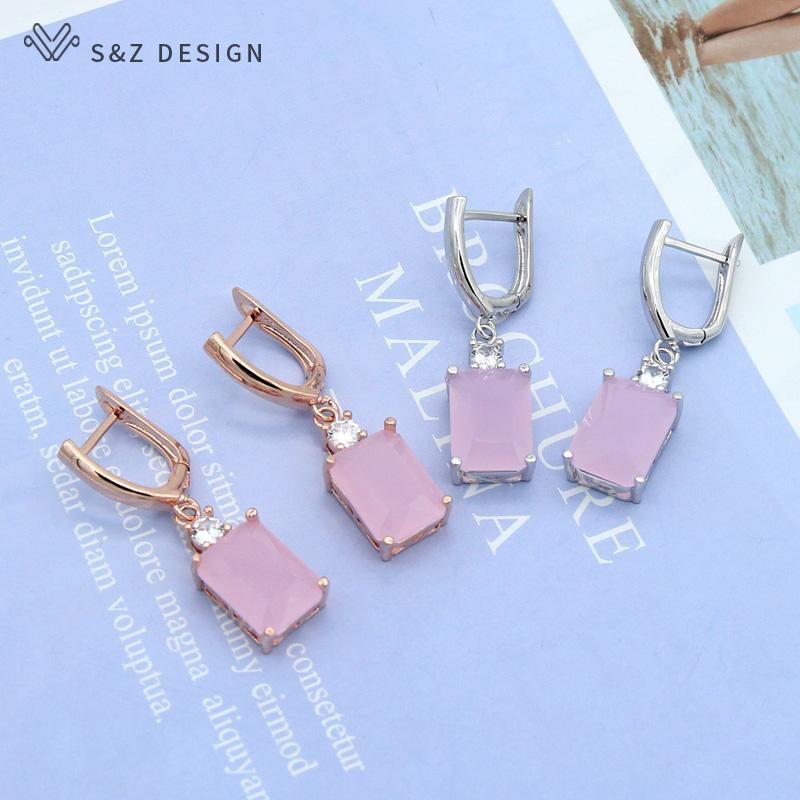 Fashion Pink Rectangle Cubic Zirconia Drop Earrings For Womenn Wedding Party Jewelry Rose Gold Color Eardrop