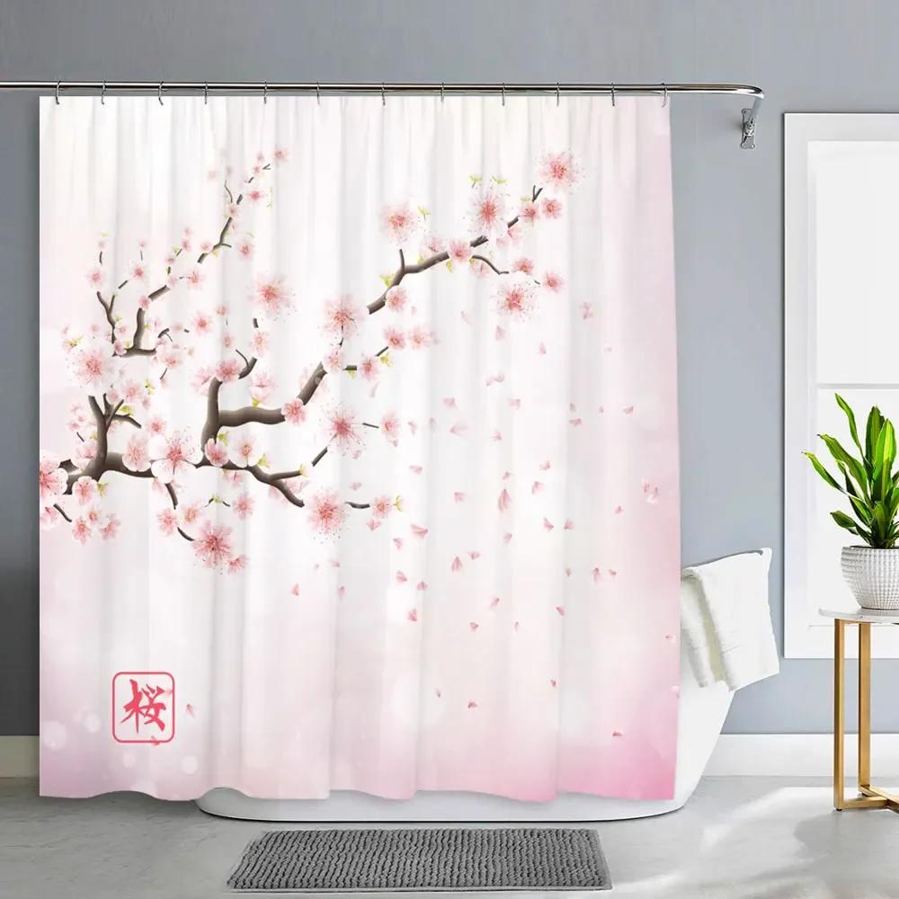 Popular Spring Flower Plant Shower Curtain Pink Cherry Blossom Flowers Butterfly Plant Landscape Bath Curtain Art Bathroom Decor