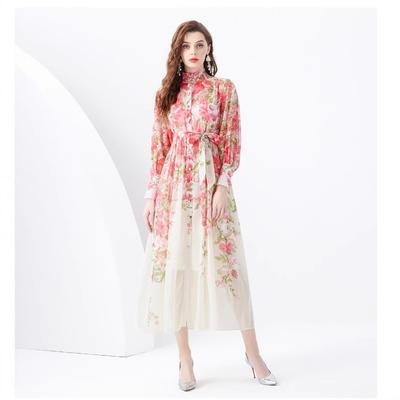 Women's Elegant Long Dress Stand Collar Long Lantern Sleeve Maxi Dress Casual Floral Printed A-Line Dress