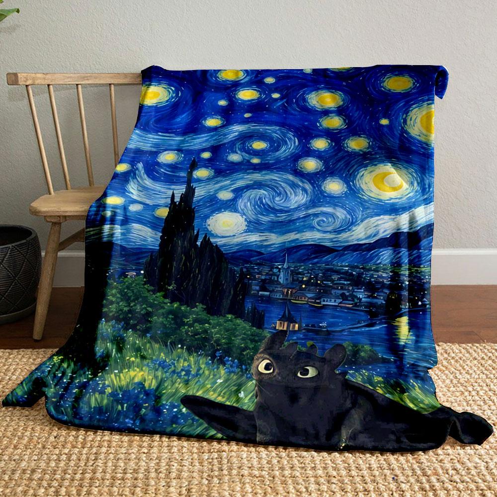 Swirling Starry Sky with Vibrant Yellow Stars Over a Peaceful Town. for All Seasons Blanket Lunch Break Throw Gift