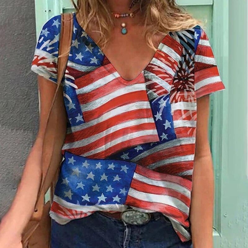 Summer American Flag USA 3D Print T-shirts Women Streetwear T Shirt Y2k Tops V-Neck Sports Tees Girl Oversized Harajuku Clothing