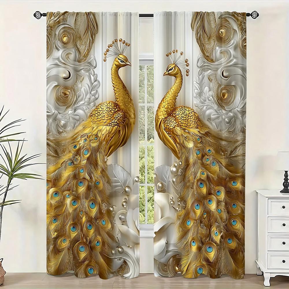 

2Pc Contemporary Golden Peacock Print Window Curtains Rod Pocket Design Machine Washable For Living Room Dining Room Study 100*130 HOOK 1pcs