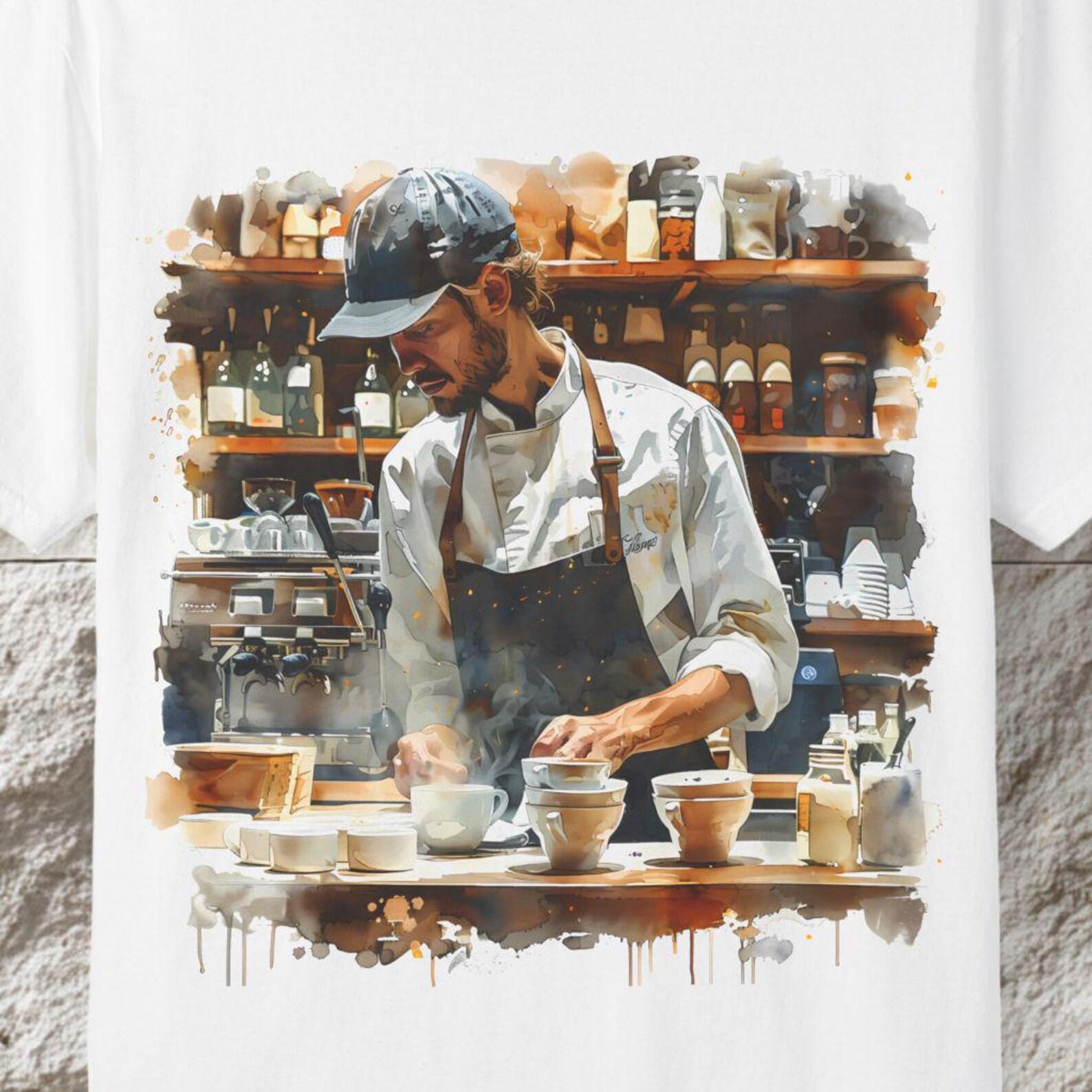 Barista Watercolor Art T-Shirt, Coffee Lover Graphic Tee M
