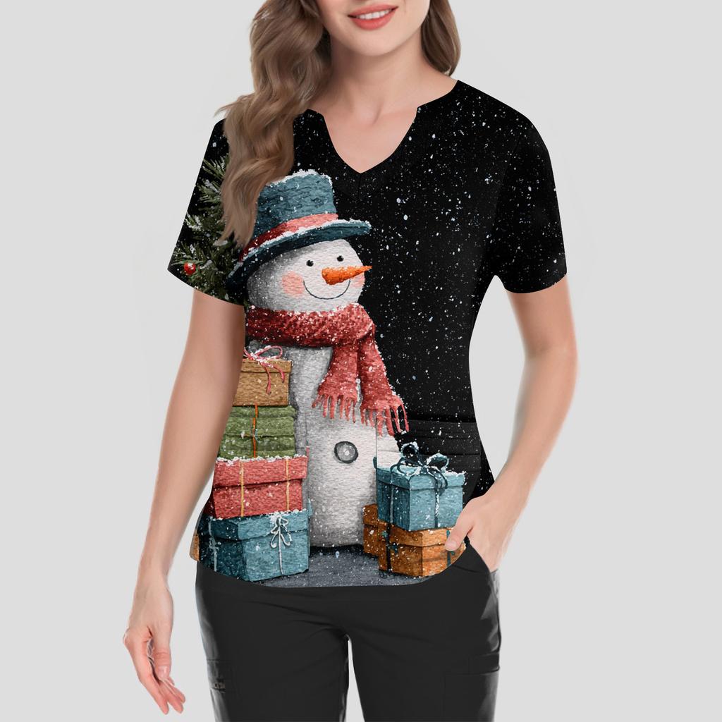 Women's Short Sleeved Christmas Printed V-neck Buttonable Side Slit Top T-shirt