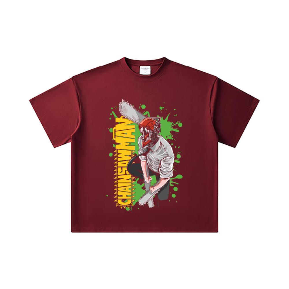 

260 GSM Double Yarn 32 Count 100% Cotton Chainsaw Man V22 Denji Print Unisex Heavy Cotton T Shirt 2XL вина червоного кольору