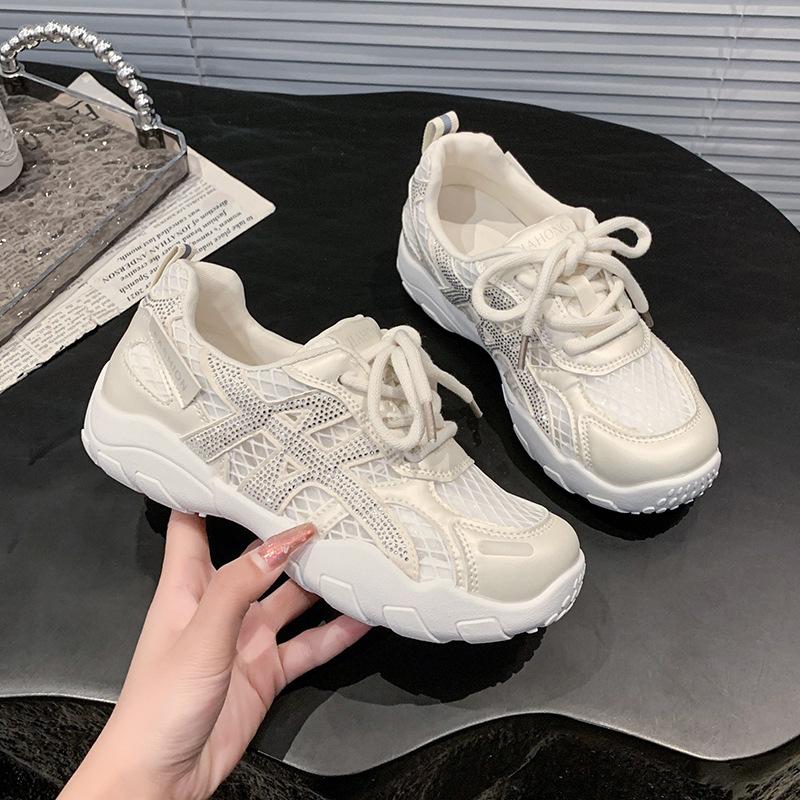 Fashion Rhinestone Leather Breathable Mesh German Training Shoes Women's 2025 New Comfortable Fashion Versatile Casual Forrest Gump Shoes Tide