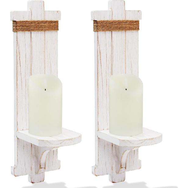 Homemory Wall Sconces Candle Holder Set of 2, Farmhouse Wooden Rustic Wall Decor for Living Room, Dining Room, Bedroom, Bathroom (White)