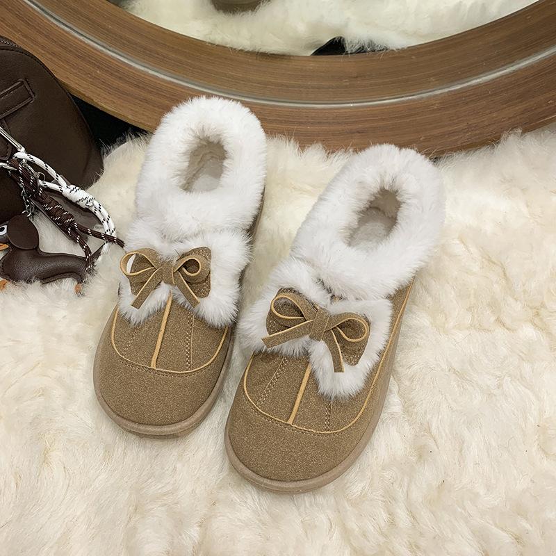 2025 winter new thick-soled bow velvet snow shoes fashionable versatile thickened fur integrated Northeast cotton shoes women