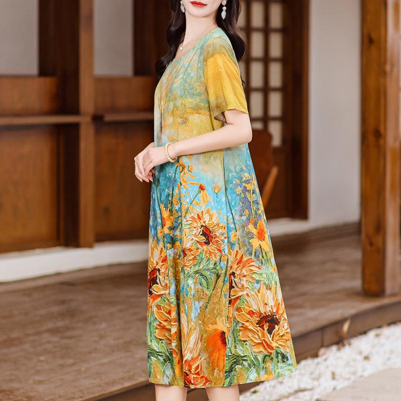 Summer Elegant Long Dresses for Women Plus Size Loose Short Sleeve Vintage Print Women's Dress