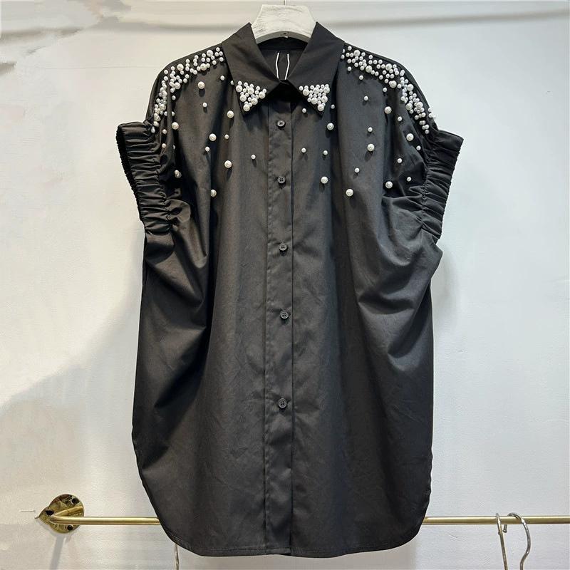 

Модная футболка с коротким рукавом для женщин на лето, корейская версия, свободный и стильный дизайн, нишевые рукава-пузыри, топ с тяжелой вышивкой бисером One Size чёрный