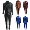 Casual Women Solid Color Faux Leather Turn Down Collar Shirt Pants Two-piece Set