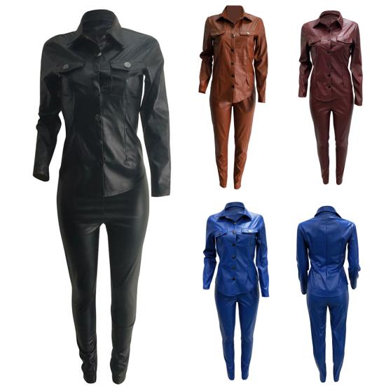 Casual Women Solid Color Faux Leather Turn Down Collar Shirt Pants Two-piece Set