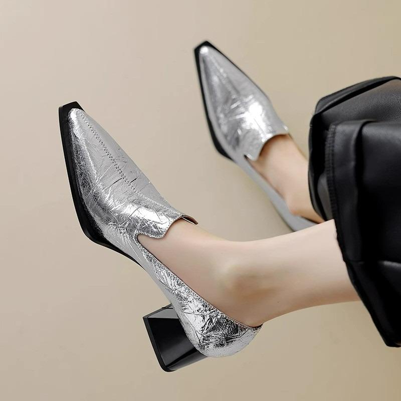 Fashion Spring New Coarse Heel Shoes Women's Pointed Head Deep Mouth Leather Waterproof Non-slip Low-top Shoes