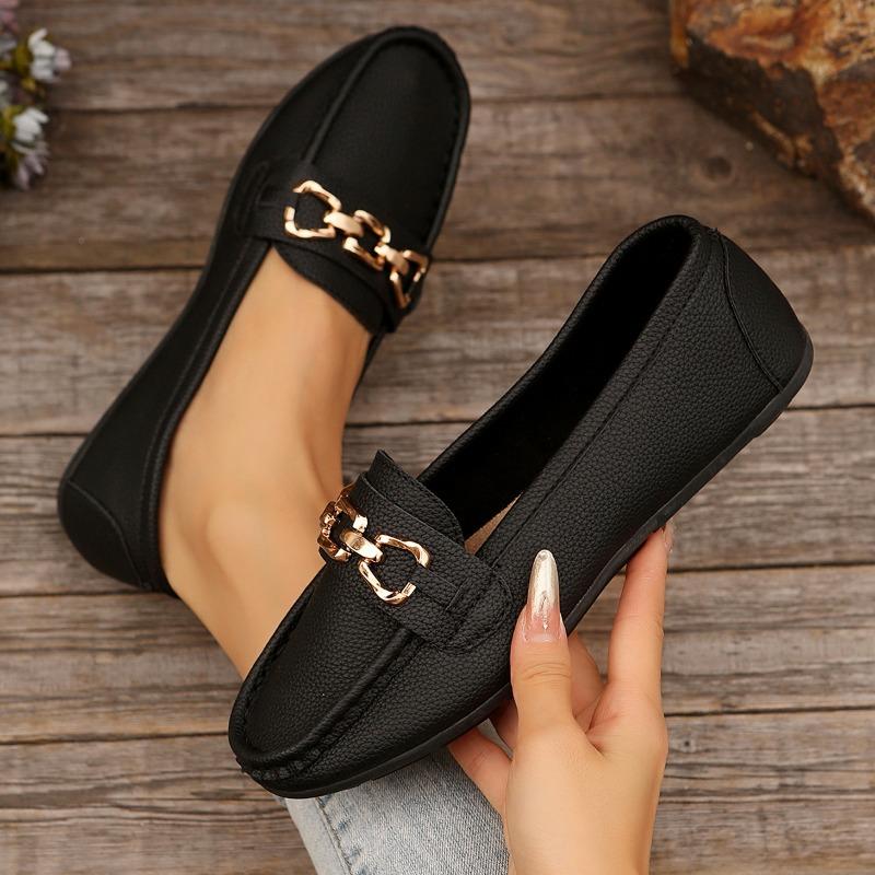 Fashion Women's Fashion Flat Shoes Autumn New Round Head Deep Mouth Metal Chain Soft Sole Anti-slip Wear-resistant Low-top Shoes