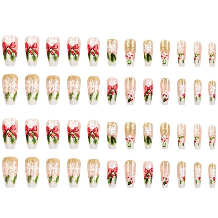 24PCS Artificial Nail Winter Snowflake Bows Design Artificial Nail For Professional Daily Use Manicure Fingernails