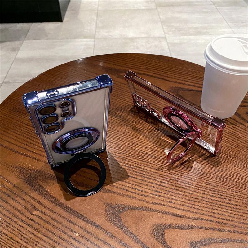 For Samsung S25 S24 S23 Ultra Luxury Holder Stand Plating Frame Transparent Phone Case For Samsung Galaxy S22 Plus A16 A53 Cover