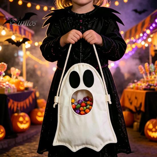Lightweight Candy Carrier Halloween Ghost Bag for Kids, Cute Fabric Treat or Trick Decorative Holiday Tote with Handle, Spooky Snack Goodie Bags Party