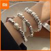 100% Solid 925 Sterling Silver Retro Bracelet for Women Geometric Vintage Letters Pearl Stone Simple Bracelet Birthday Gift